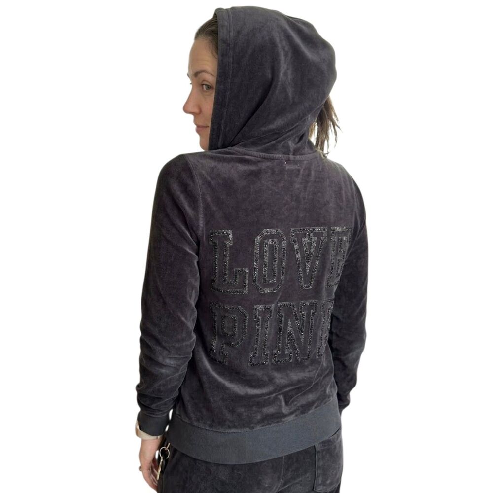 Victoria's Secret Hoodie Y2K LOVE PINK Sequin Bling Logo Velour Women Size XS